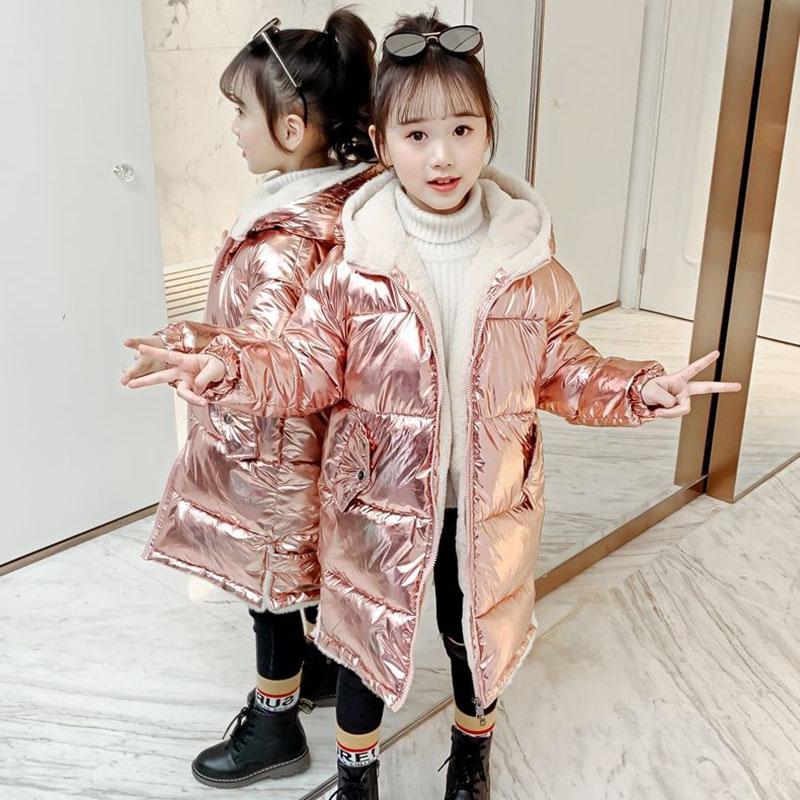 Girls' Cotton-padded Coat Winter Long Children Parka Jacket Kids Plus Velvet Warm Shiny Hooded Parka Coat