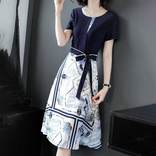 Vintage Patchwork Dress Women Elegant Bow Korean Party Dress Short Sleeve Blue Midi Dress Plus Size Summer Dresses Women