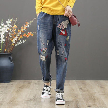 High Waist Jeans Ladies Loose Plus Size Spring and Autumn Students Elastic Waist Casual Ethnic Style Harem Pants Trousers Women