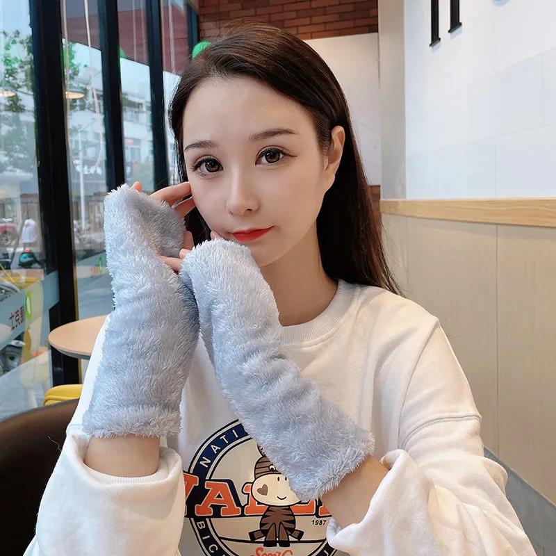 Women's Winter Plush Gloves Cute Fingerless Wristband Korean Thickening Warm Typing Arm Wrap Half Finger Mittens Hand Wrist Warm Thermal Gloves