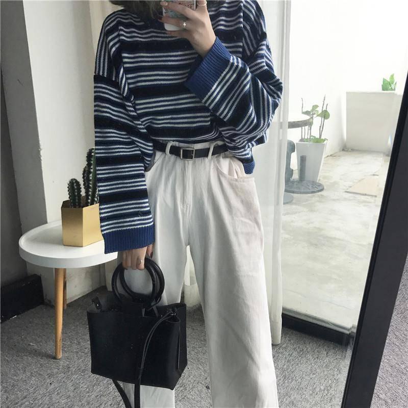 Pofulove Autumn Winter Striped Retro Sweater Short Loose Wild bf Harajuku Style Sweater Women