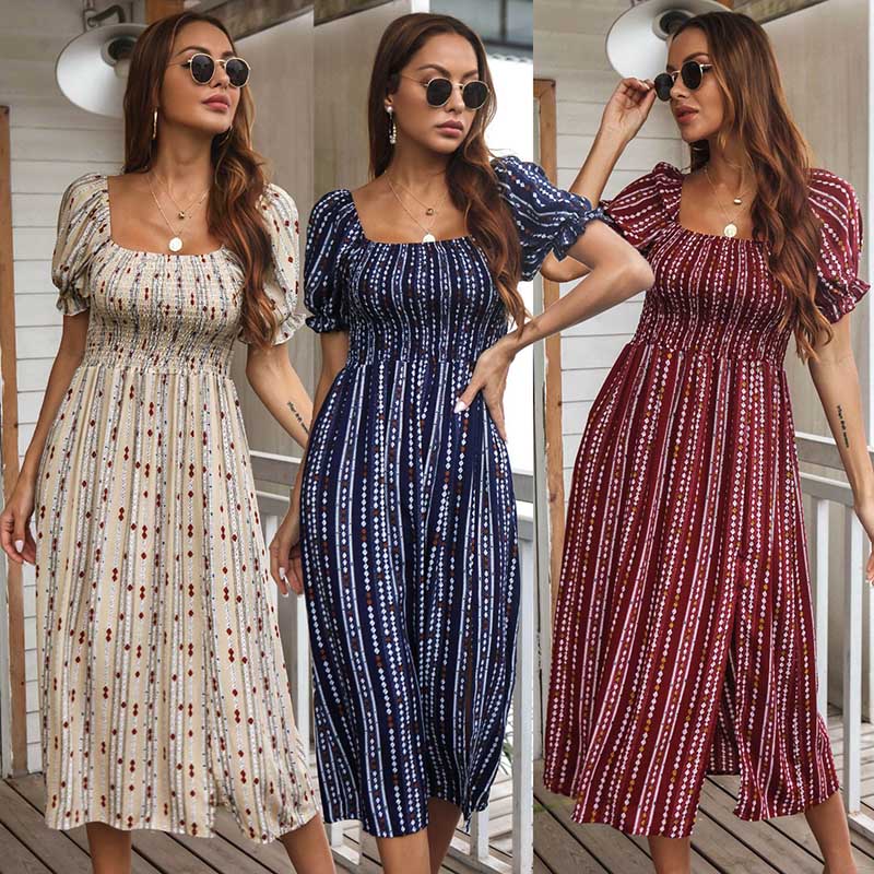 European and American Women's Casual Floral Summer Print Puff Sleeve Rayon Dress