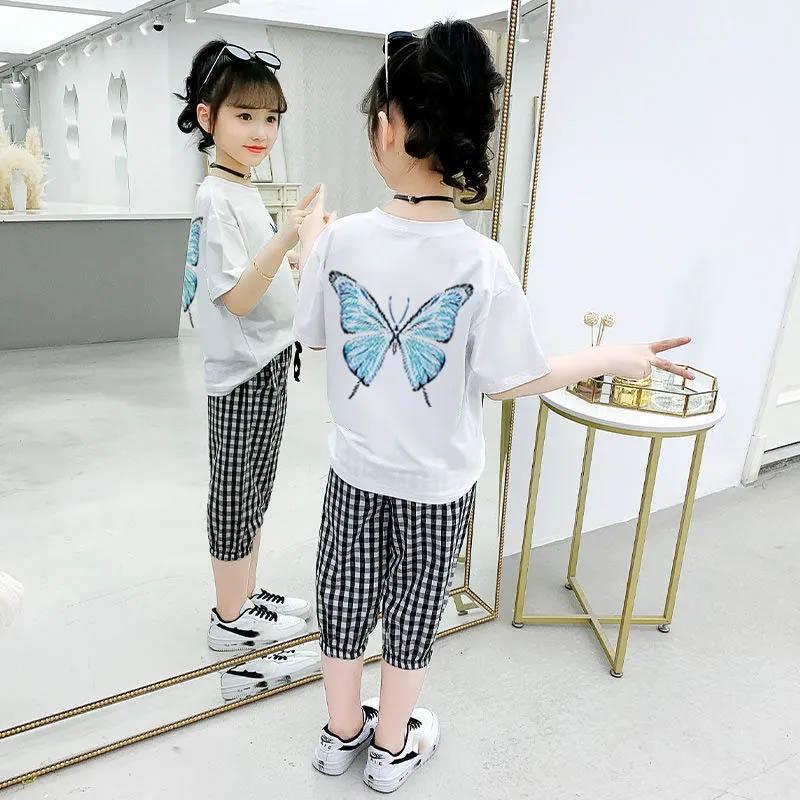 Girls T-Shirt + Plaid Pants Cotton Suit Summer Breathable Cropped Pants Casual Children's Comfortable Butterfly Print Two-piece Set