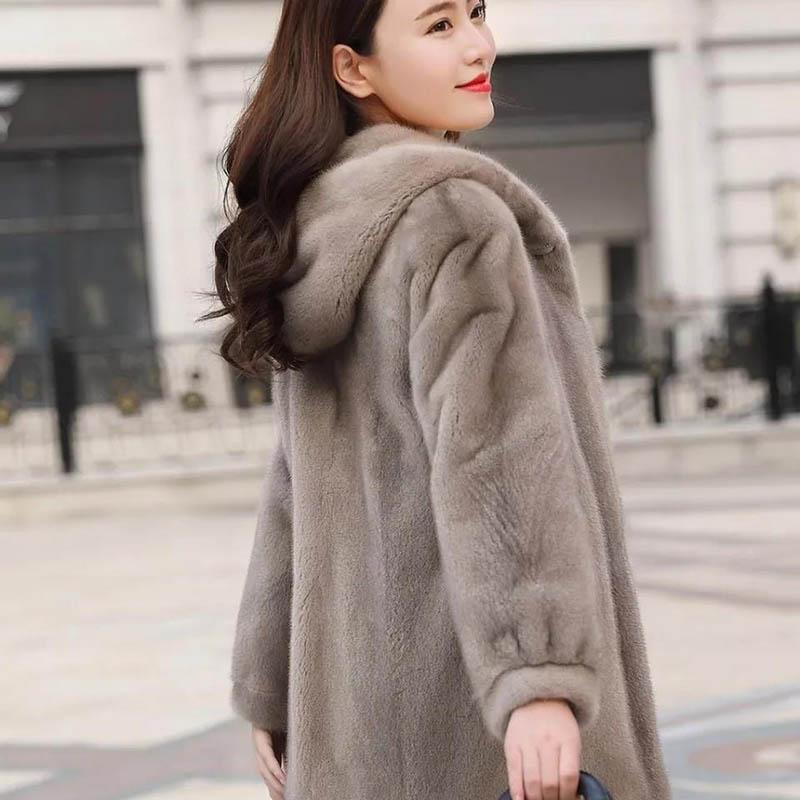 WTEMPO Winter Mink Fur Coat Female Imitation Mink Fur Coat Whole Mink Mid-length with Hood