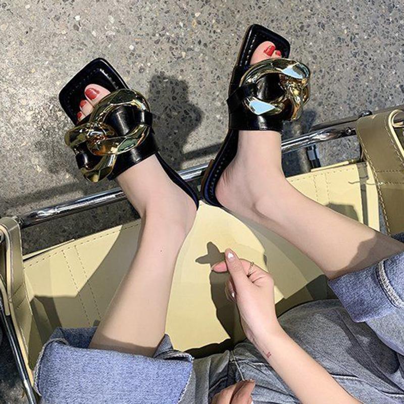 Fashion Chain Flat Sandals Slippers Women Summer Wear All-match Open-toed Sandals Women