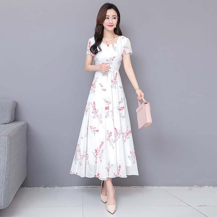 Pofulove S-4XL Women Printed Chiffon A-line Dress Slim Big Skirt Long Dress Bohemian Beach Skirt