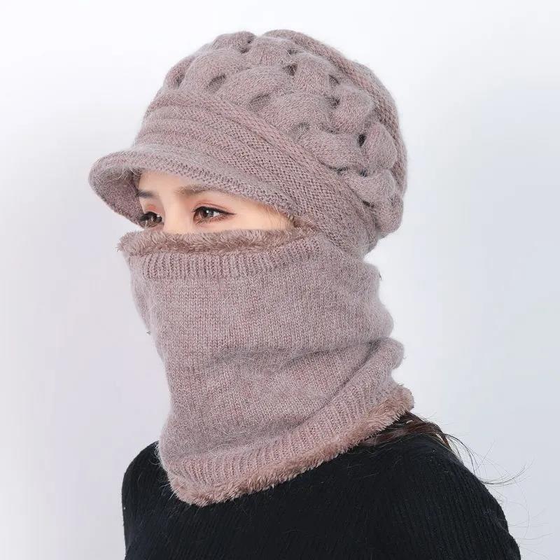 Winter Knitted Hat Bib Set Korean Fashion Fashion Warm Woolen Hat Cycling Windproof Ear Protection Women's One-piece Cap