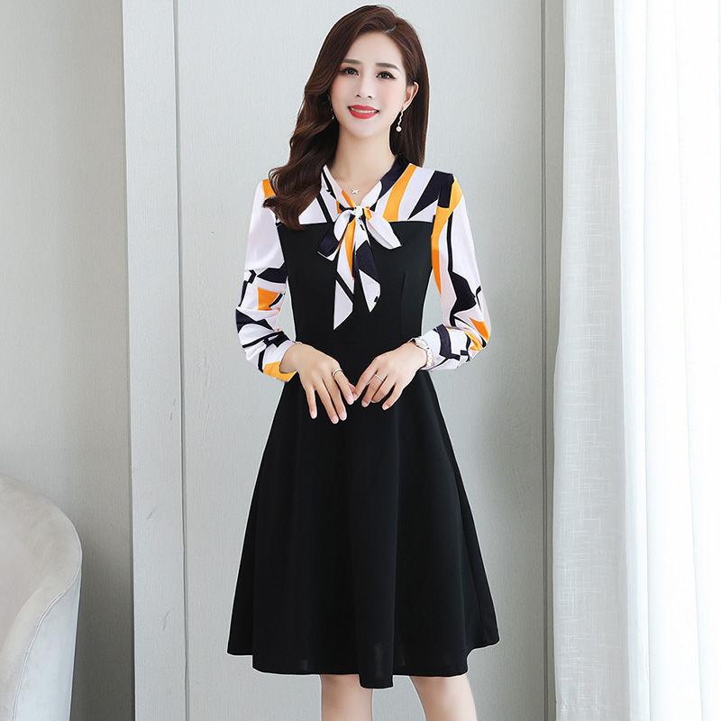 Women Spring Vintage High Waist Long Sleeve Holiday Dress Elegant Slim Print V-neck Casual Dress