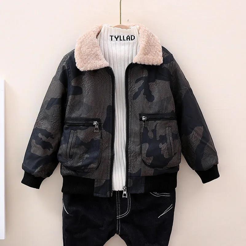 Children's Clothing Jacket Autumn and Winter Boys Plus Velvet Thick Leather Jacket Boy Baby Jackets Tide Children Plus Cotton Coat