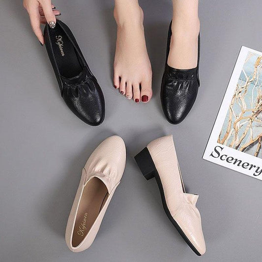 Single Leather Shoes Women's Flat Thick Heel Work Shoes Women's Shoes with Round Toe Soft Sole Mid-heel Work Shoes