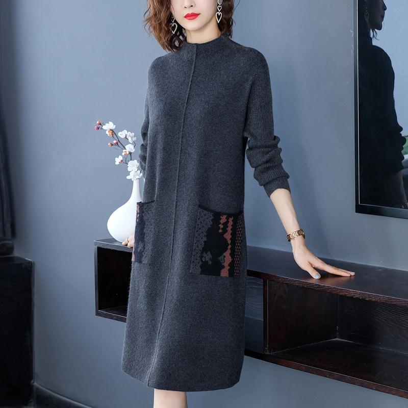 Autumn and Winter Knitted Slimming Dress Mid-length Loose and Simple Base Skirt Fashion Casual Middle-aged Women Sweater Dress