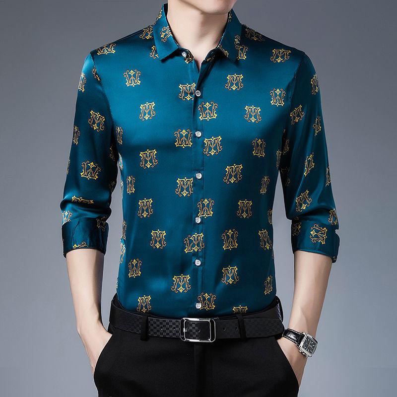 High-end Printed Mulberry Silk Men's Shirt Loose Business Casual Long-sleeved Handsome Shirt