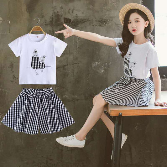 2PCS Children Clothing Set Spring Summer Girls Suits Bow Printing Short Sleeve Tops + Pants Clothing Set