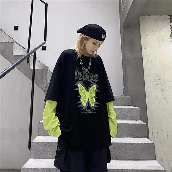 Oversized Loose Long T Harajuku Fake Two-piece Long Sleeve T-shirt Personality Trend Butterfly Long T Punk Harlan Style Clothing