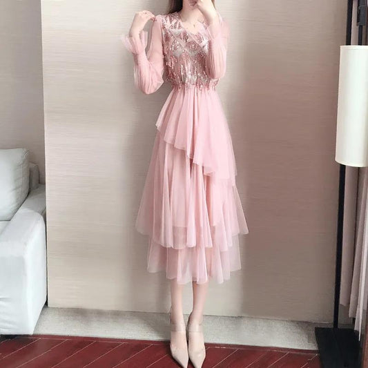 Female Vintage High Waist Super Fairy Holiday Splicing Dress Elegant Slim Chiffon Pleated Long Party Dress