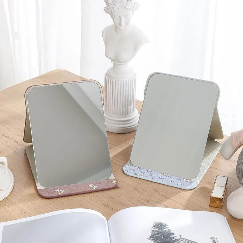 Pu Folding Mirror Desktop Creative Portable Women Makeup Mirror HD Thin and Light Travel Out Household Essentials Waterproof and Easy To Clean