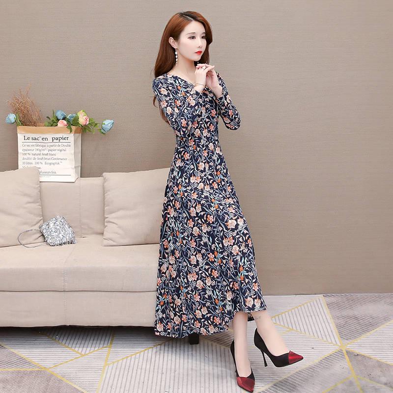 Long Sleeve Print Mid-long Dress Women Vintage Elastic Waist Dresses Female Fashion Floral Dress