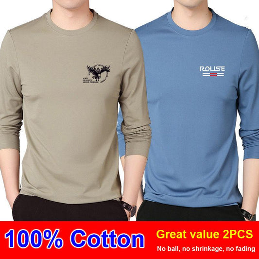 2 pieces of 100% cotton men's long-sleeved T-shirt spring and autumn round neck large size loose print bottoming shirt