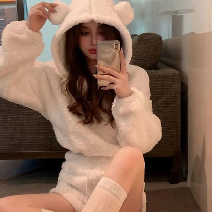 Faux Lamb Wool Coat Top Pants Two-piece Set Cute Plush Bear Ear Hooded Women's Sexy Homewear Short Pants Suit