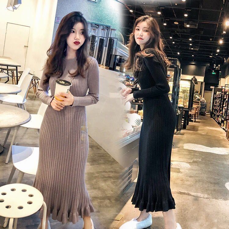 Fashion Slim Dress Winter Long Sleeve Half High Neck Buttoned Knit Sweater Mid-length Thin Dress