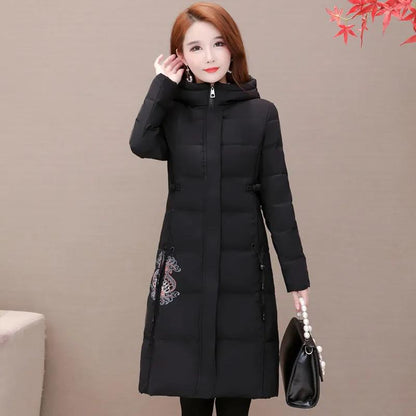 Winter Women's Mid-length Down Jacket Chinese Style Embroidered Slim Down Cotton Jacket Thick Warm Hooded Cotton Jacket