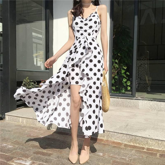 Women Dresses Summer Sexy Dress Ladies High Waist Dot Printing Dresses Back Straps Backless Dress