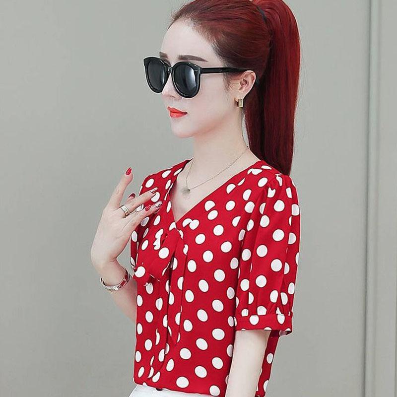 Chiffon Shirt Women's Short-sleeved Loose Top Cover Belly Shirt Shirt Black and White Polka Dot Chiffon Shirt Temperament Elegant Lady Style