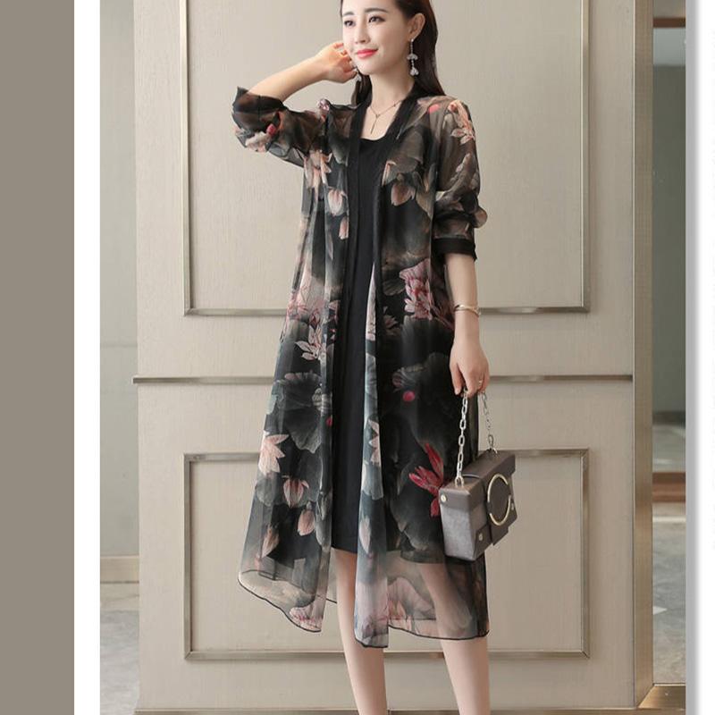 1 Piece of Chiffon Cardigan Mid-length Sunscreen Female Loose Casual Large Size Shawl Printed Air Conditioning Beach