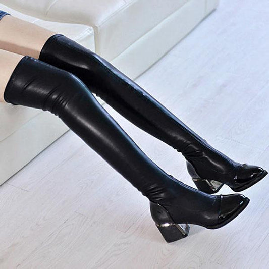 Autumn and Winter Versatile Elastic Plush Leather Boots Plus Size British Style Black Thick Heel Long Martin Boots