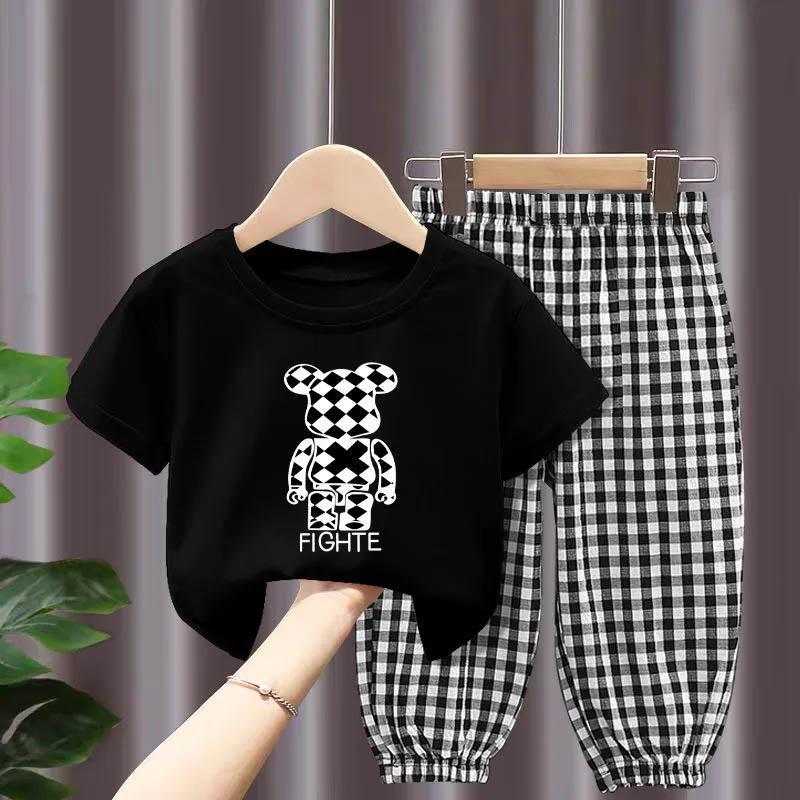 Girls Summer Cool Breathable Short-sleeved Plaid Trousers Suit Cotton Short-sleeved Comfortable Skin-friendly Thin Children's Two-piece Suit