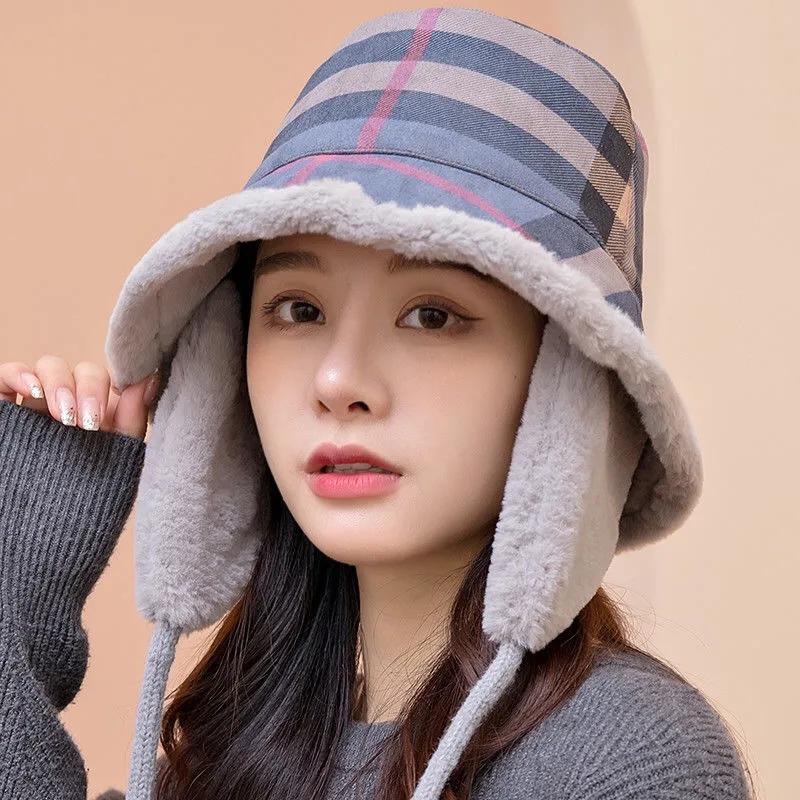 Women's Autumn Winter Dual-purpose Fisherman Hat Warm Ear Protection Removable Large-brimmed Hat Detachable Ear Protection Strap Plaid Fisherman Cap