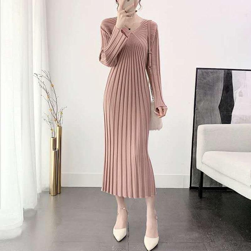 Autumn and Winter Long Knitted Dress Slim Fashion V-neck Sweater Dress Solid Color Women's Pleated Dress