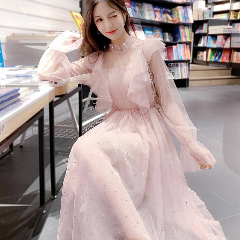 Vintage Mesh White Dress Women Ruffle Long Sleeve Summer Dresses Ladies Elegant Short Party Dresses