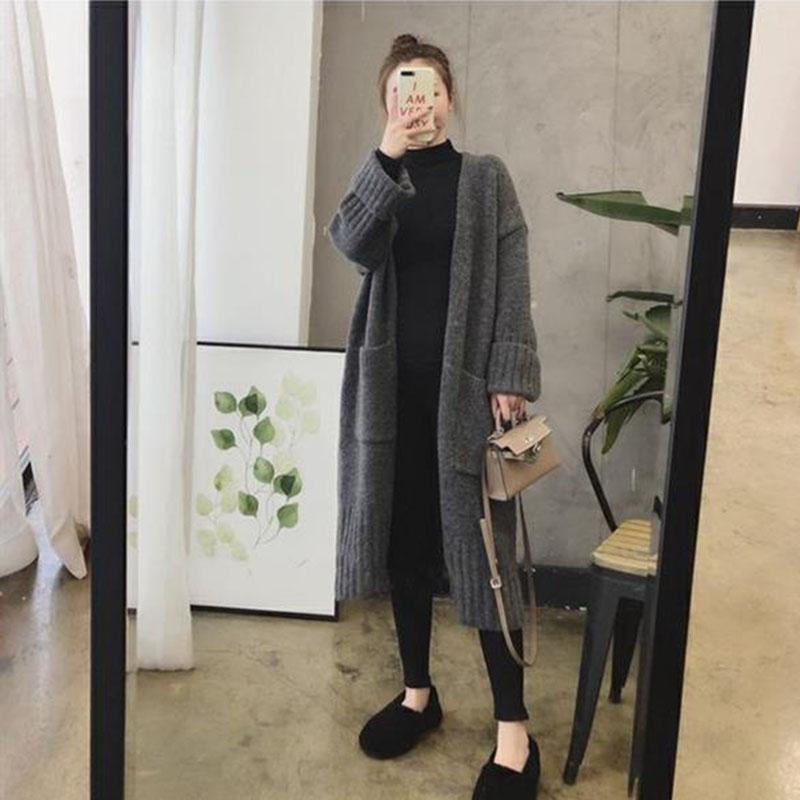 Autumn and Winter Casual Loose Sweater Mid-length Knitted Cardigan Jacket Fashion Solid Color Female Coat