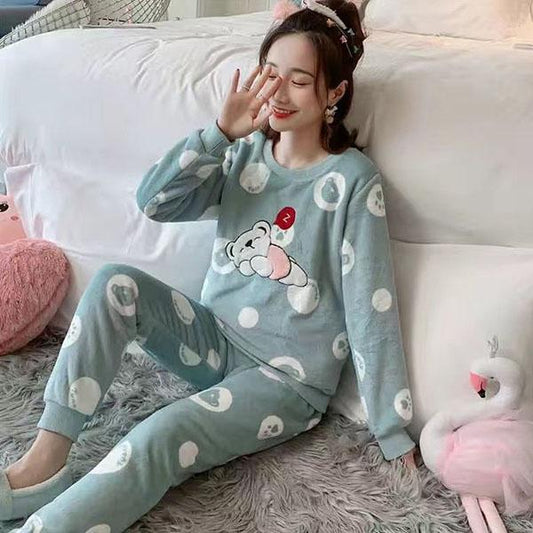 Women's Winter Flannel Pajamas Thickened Autumn Long Sleeve Coral Fleece Pullover Pajamas Set Warm Homewear