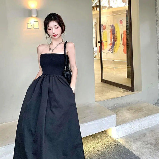 Women Summer Sleeveless Dress Vintage High Quality Party Dress Elegant Medium Length Solid Color Strapless Gown