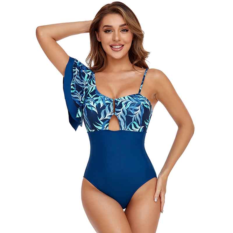 Splicing One Piece Swimsuit Feminine Fashion One Shoulder Lotus Leaf Beachwear Backless Swimsuit