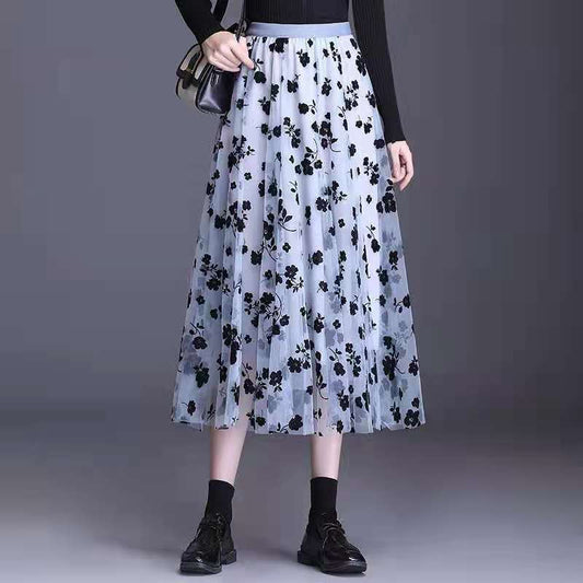 Mesh Floral Skirt Women's Spring/Summer High Waist Mid-Length A-Line Pleated Skirt