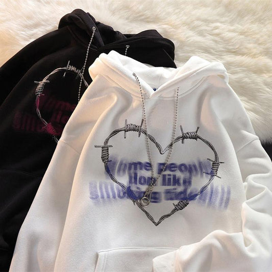 Sweatshirt Women Punk Gothic Chain Heart Printed Pullover Hoodies Oversized Streetwear Hip Hop White Tracksuit Women Top Clothes