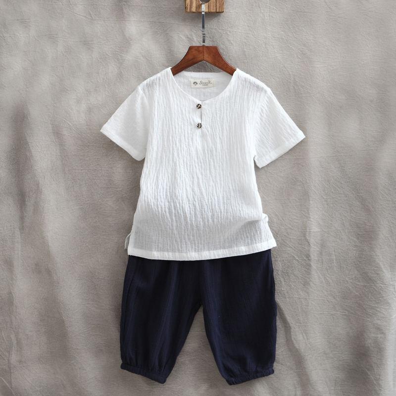 Children's  Short-sleeved Two-piece Boys Summer Cotton and Linen Suit Small and Medium Children