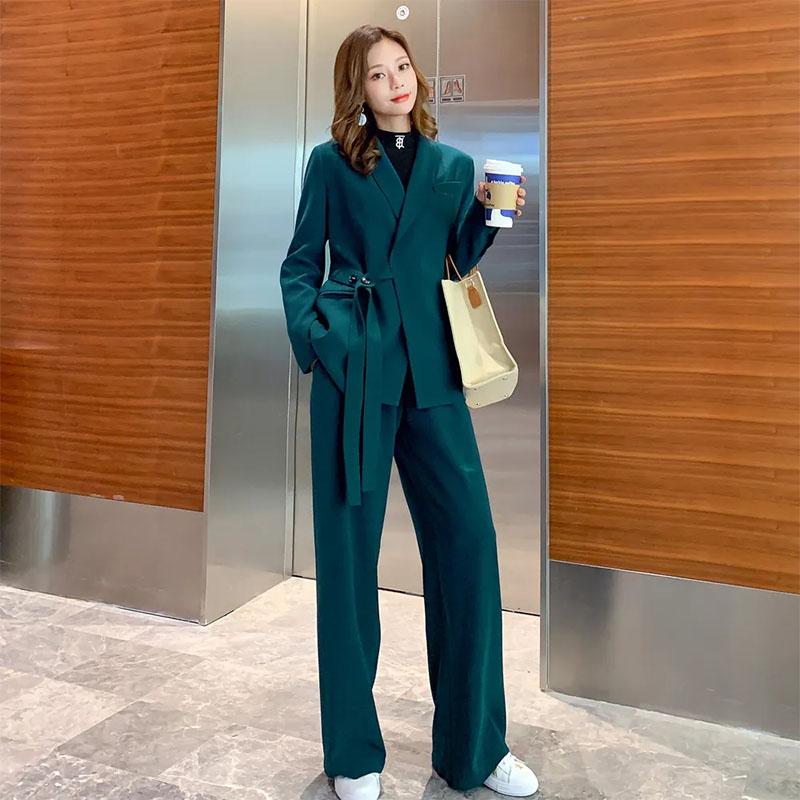 2PCS Women's Suit Suit Autumn Korean Version Casual Professional Suit Jacket + Wide-leg Pants Two-piece Set Lazy Lady Loose Suit