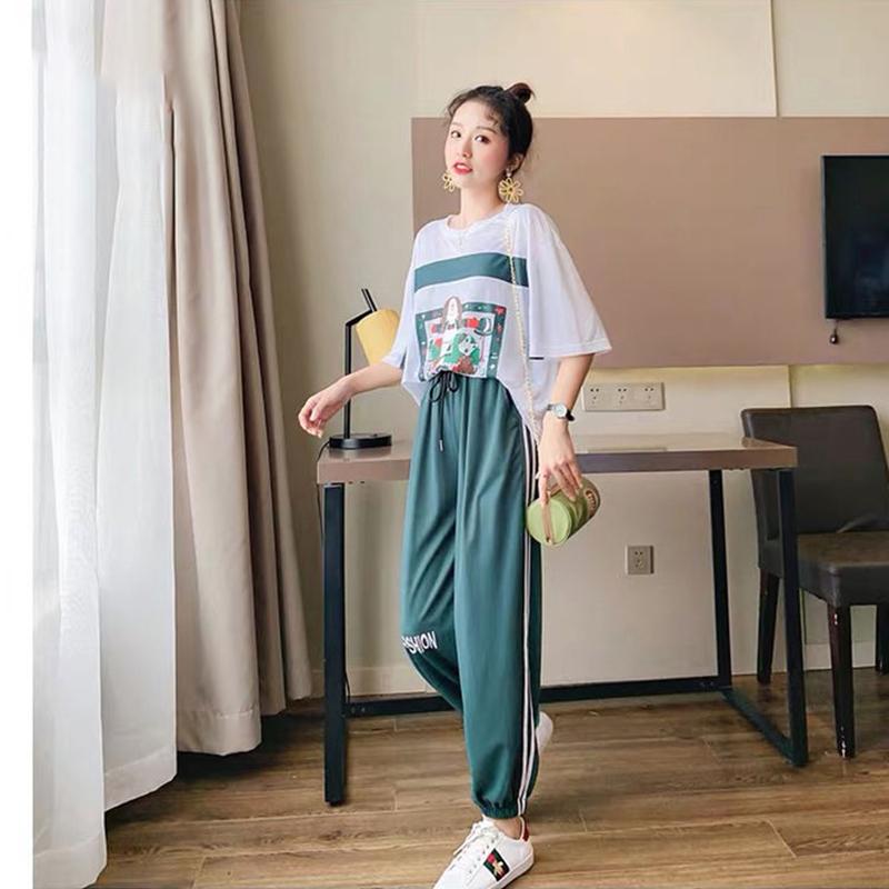 Summer Leisure Suit Women Loose Running Sportswear Two-piece Suit Round Neck T-shirt Short Sleeve + Loose Sports Pants Home Service Suit