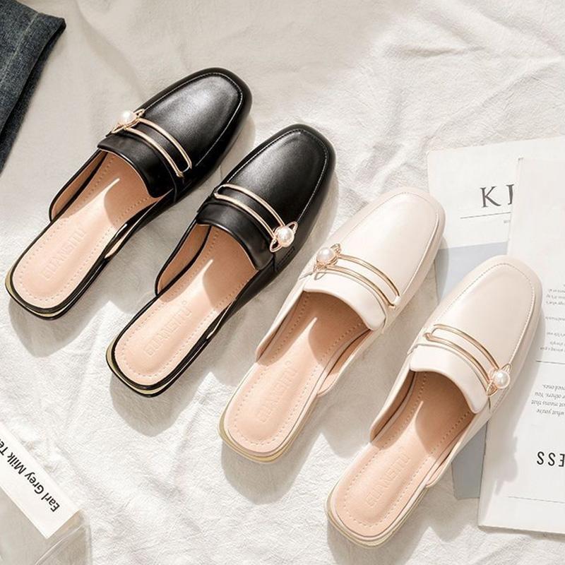 Soft Leather Baotou Half Slippers Women's Wild Half Toe Single Shoes Women's Fashion Lazy Mules