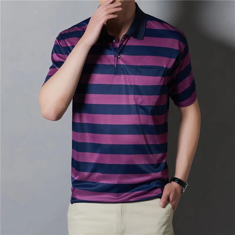 Dad's Short-sleeved T-shirt Summer Casual Loose Ice Silk Polo Shirt Men's Thin Lapel Striped Large Size Middle-aged and Elderly Tops