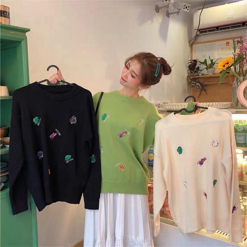 Casual Embroidery Sweater Women Loose Round Neck Pullover Sweater Thickened Warm Knitwear Jumper Outwear