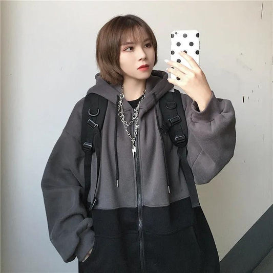 Women's Spring and Autumn Sweater Jacket College Harajuku Style Fleece Hooded Top Korean Loose Casual Long Sleeve Cardigan Zipper Coat