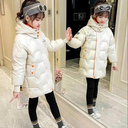 Girls Mid-length Disposable Printed Hooded Cotton Jacket Warm and Windproof Padded Winter Jacket