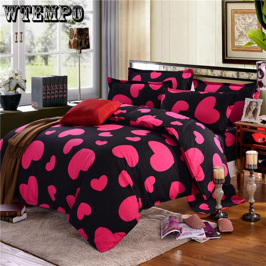 Fashion Home Bedding Sets Red Heart Printed Soft 3Pcs Set Pillow Quilt Mattress Cover