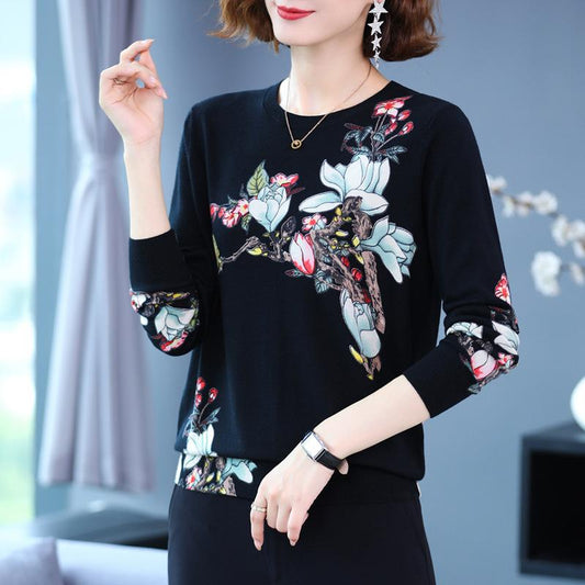 Women's Autumn and Winter Fashion Sweater Casual Knitted Sweater Printing Round Neck Pullover Loose Long Sleeve Sweater