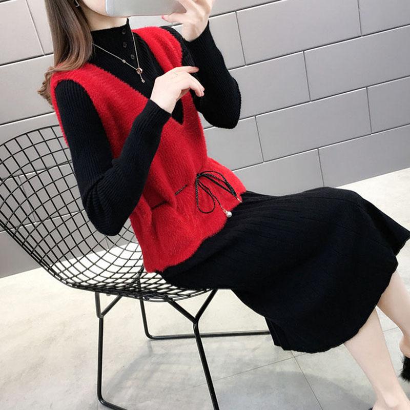 Women's Sweater Dress Set Autumn Waist Knit Mohair Vest and High Neck Slim Sweater Dress Two-piece Suit Ladies Outfits